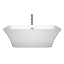 Load image into Gallery viewer, Wyndham Tiffany 67 Inch Freestanding Bathtub in White with Floor Mounted Faucet, Drain and Overflow Trim in Brushed Nickel- Wyndham