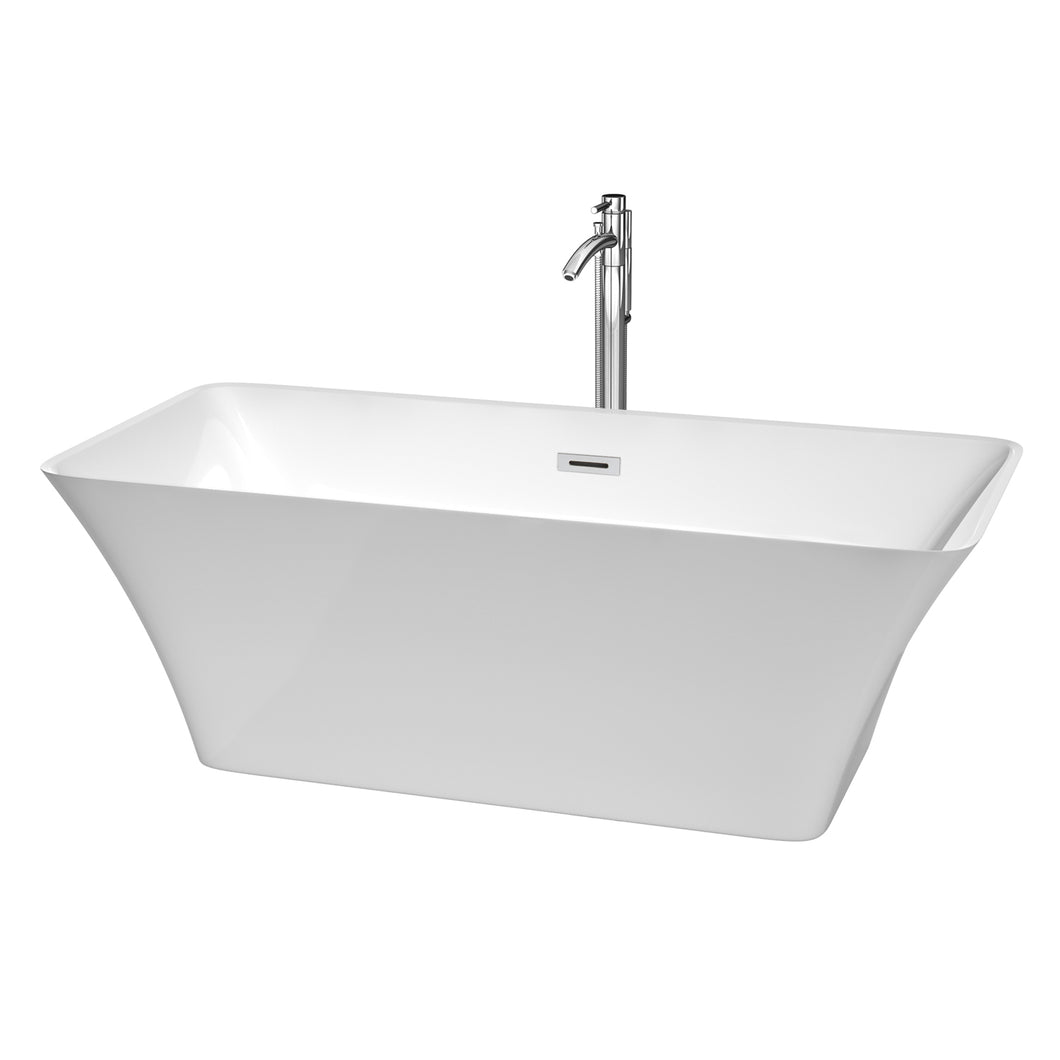 Wyndham Tiffany 67 Inch Freestanding Bathtub in White with Floor Mounted Faucet, Drain and Overflow Trim in Polished Chrome- Wyndham