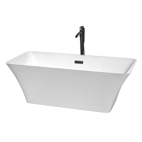 Wyndham Tiffany 67 Inch Freestanding Bathtub in White with Floor Mounted Faucet, Drain and Overflow Trim in Matte Black- Wyndham