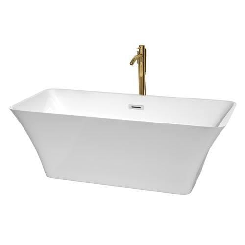 Wyndham Tiffany 67 Inch Freestanding Bathtub in White with Polished Chrome Trim and Floor Mounted Faucet in Brushed Gold- Wyndham