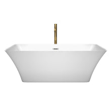 Load image into Gallery viewer, Wyndham Tiffany 67 Inch Freestanding Bathtub in White with Polished Chrome Trim and Floor Mounted Faucet in Brushed Gold- Wyndham
