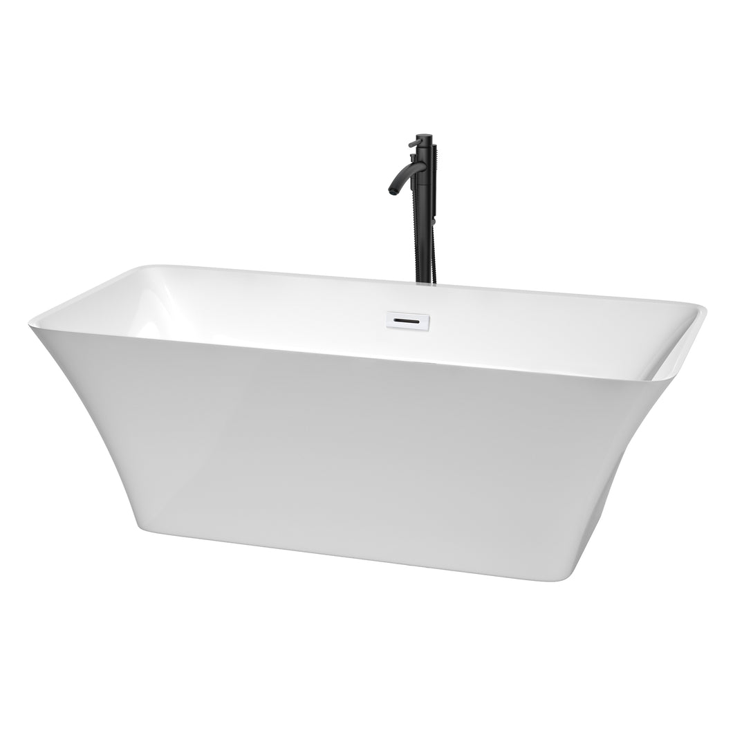 Wyndham Tiffany 67 Inch Freestanding Bathtub in White with Shiny White Trim and Floor Mounted Faucet in Matte Black- Wyndham