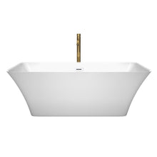 Load image into Gallery viewer, Wyndham Tiffany 67 Inch Freestanding Bathtub in White with Shiny White Trim and Floor Mounted Faucet in Brushed Gold- Wyndham