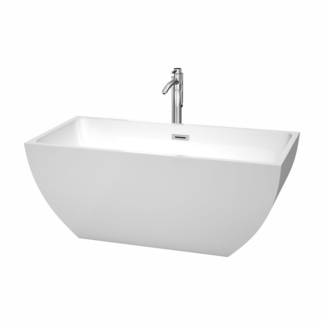 Wyndham Rachel 59 Inch Freestanding Bathtub in White with Floor Mounted Faucet, Drain and Overflow Trim in Polished Chrome- Wyndham