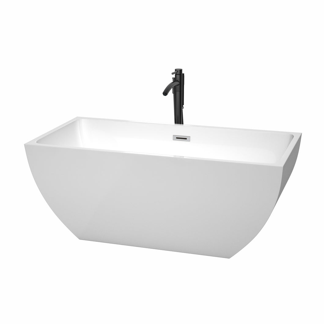 Wyndham Rachel 59 Inch Freestanding Bathtub in White with Polished Chrome Trim and Floor Mounted Faucet in Matte Black- Wyndham