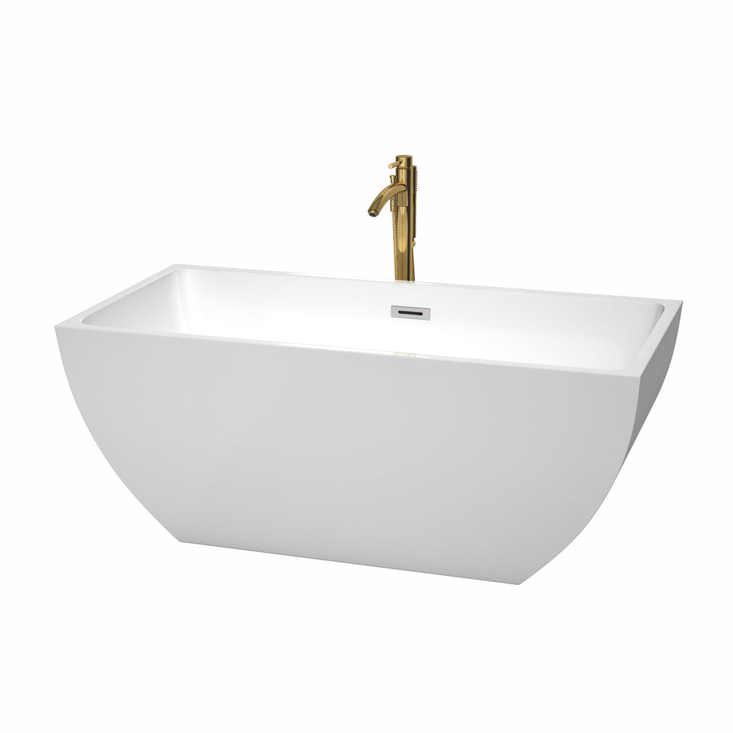 Wyndham Rachel 59 Inch Freestanding Bathtub in White with Polished Chrome Trim and Floor Mounted Faucet in Brushed Gold- Wyndham