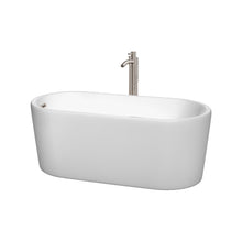Load image into Gallery viewer, Wyndham Ursula 59 Inch Freestanding Bathtub in White with Floor Mounted Faucet, Drain and Overflow Trim in Brushed Nickel- Wyndham