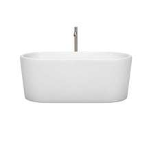Load image into Gallery viewer, Wyndham Ursula 59 Inch Freestanding Bathtub in White with Floor Mounted Faucet, Drain and Overflow Trim in Brushed Nickel- Wyndham