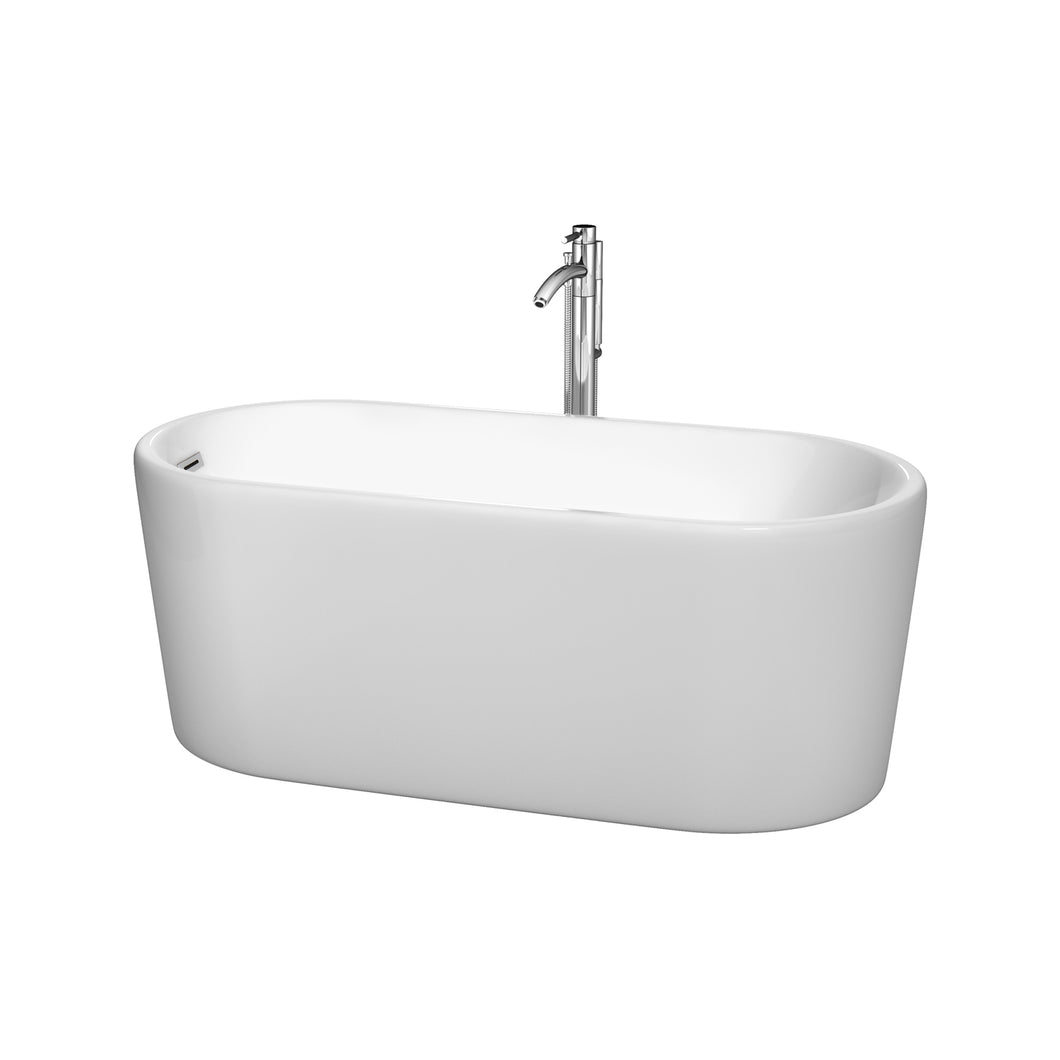 Wyndham Ursula 59 Inch Freestanding Bathtub in White with Floor Mounted Faucet, Drain and Overflow Trim in Polished Chrome- Wyndham