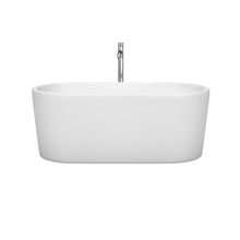 Load image into Gallery viewer, Wyndham Ursula 59 Inch Freestanding Bathtub in White with Floor Mounted Faucet, Drain and Overflow Trim in Polished Chrome- Wyndham