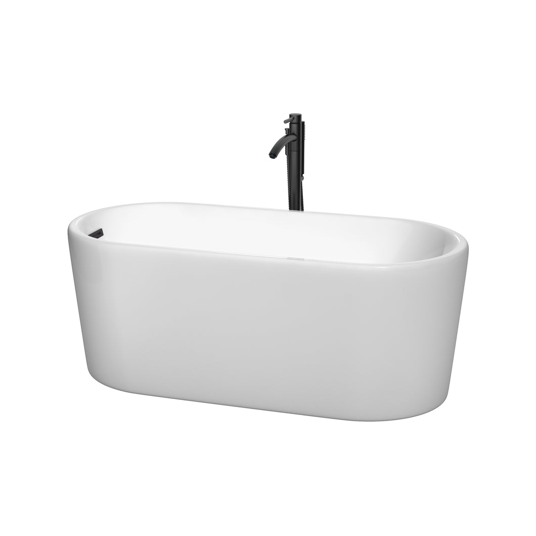 Wyndham Ursula 59 Inch Freestanding Bathtub in White with Floor Mounted Faucet, Drain and Overflow Trim in Matte Black- Wyndham