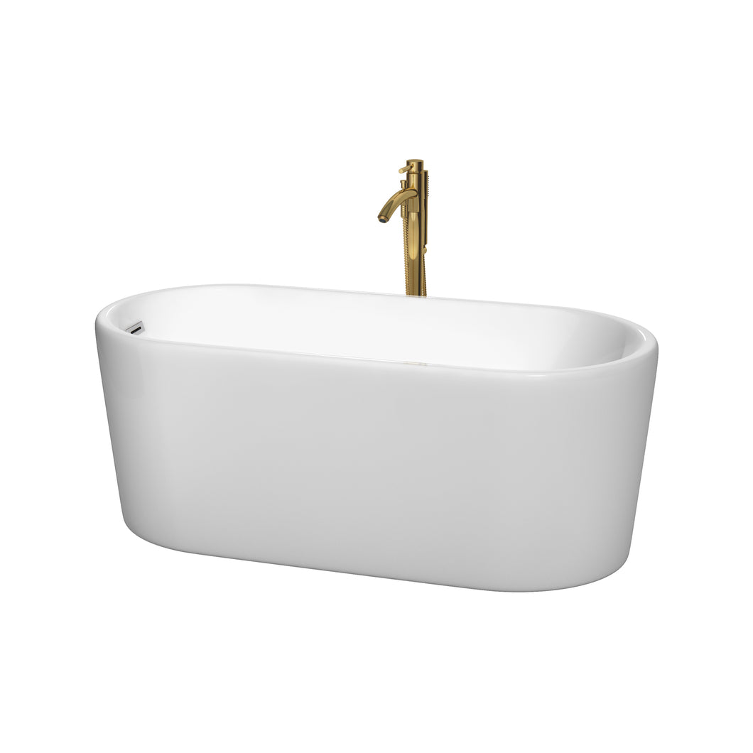 Wyndham Ursula 59 Inch Freestanding Bathtub in White with Polished Chrome Trim and Floor Mounted Faucet in Brushed Gold- Wyndham