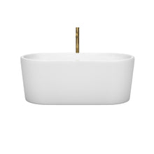 Load image into Gallery viewer, Wyndham Ursula 59 Inch Freestanding Bathtub in White with Polished Chrome Trim and Floor Mounted Faucet in Brushed Gold- Wyndham