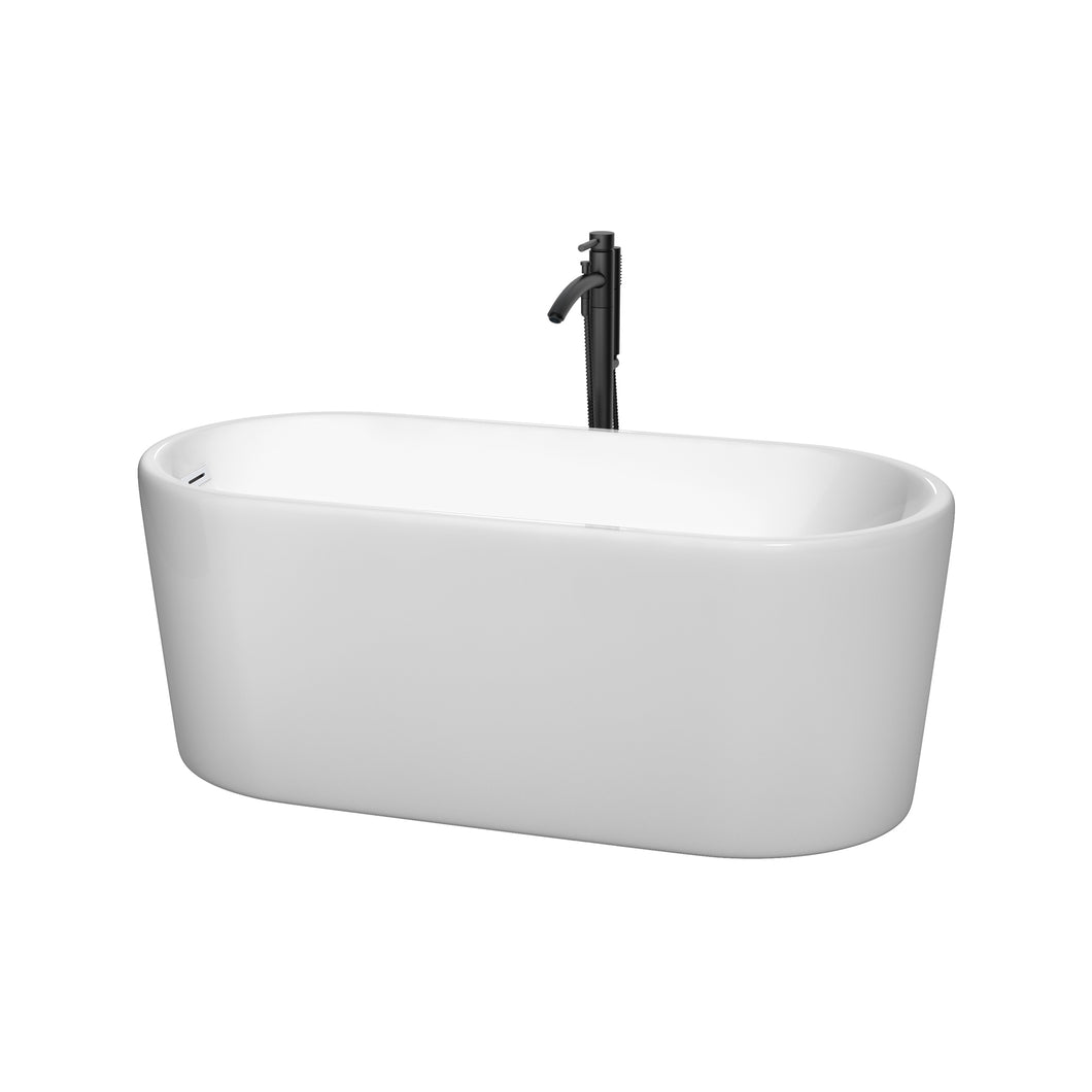 Wyndham Ursula 59 Inch Freestanding Bathtub in White with Shiny White Trim and Floor Mounted Faucet in Matte Black- Wyndham