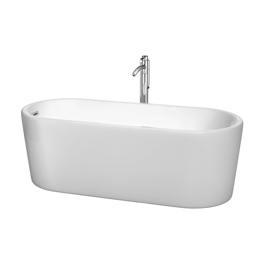 Wyndham Ursula 67 Inch Freestanding Bathtub in White with Floor Mounted Faucet, Drain and Overflow Trim in Polished Chrome- Wyndham
