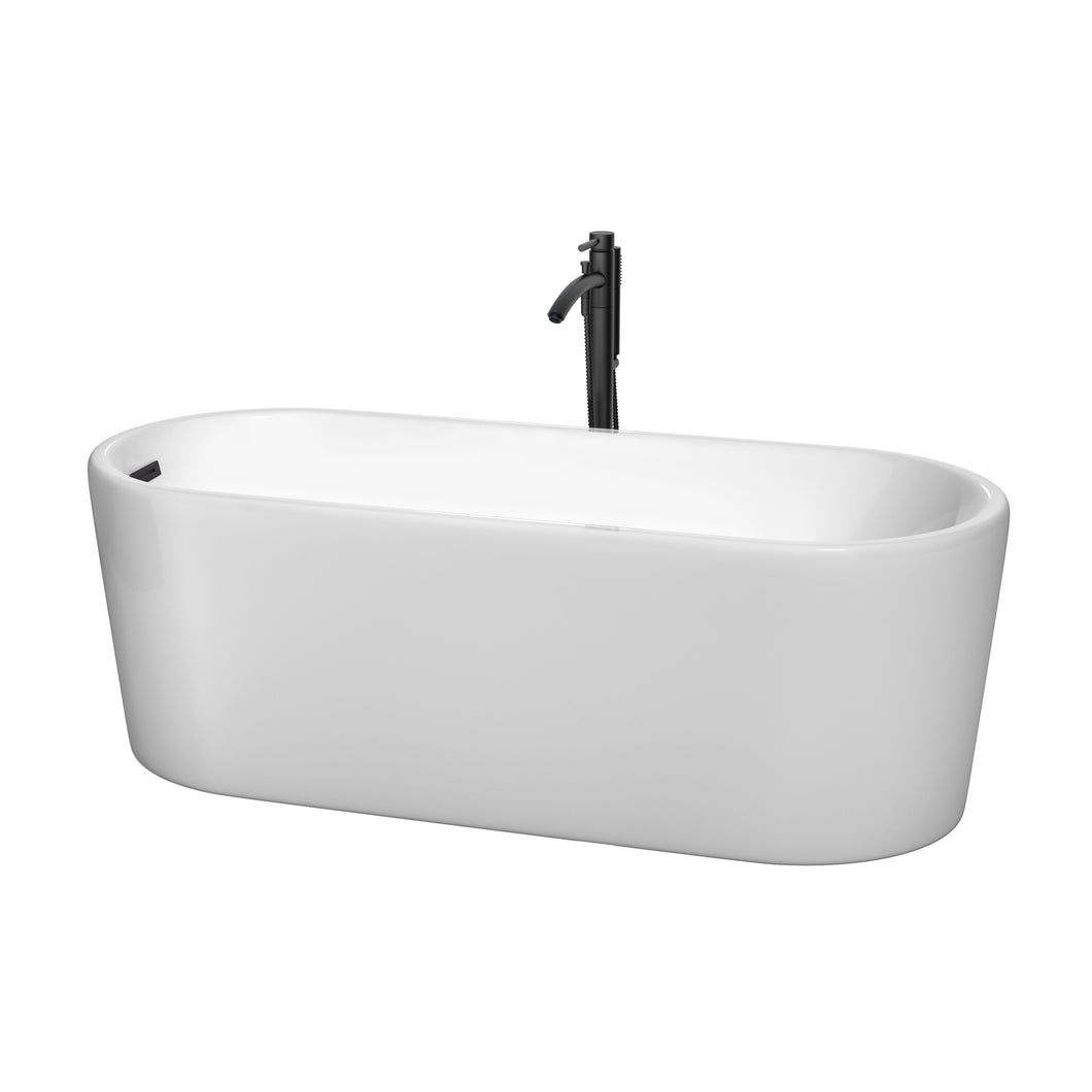 Wyndham Ursula 67 Inch Freestanding Bathtub in White with Floor Mounted Faucet, Drain and Overflow Trim in Matte Black- Wyndham