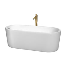 Load image into Gallery viewer, Wyndham Ursula 67 Inch Freestanding Bathtub in White with Polished Chrome Trim and Floor Mounted Faucet in Brushed Gold- Wyndham