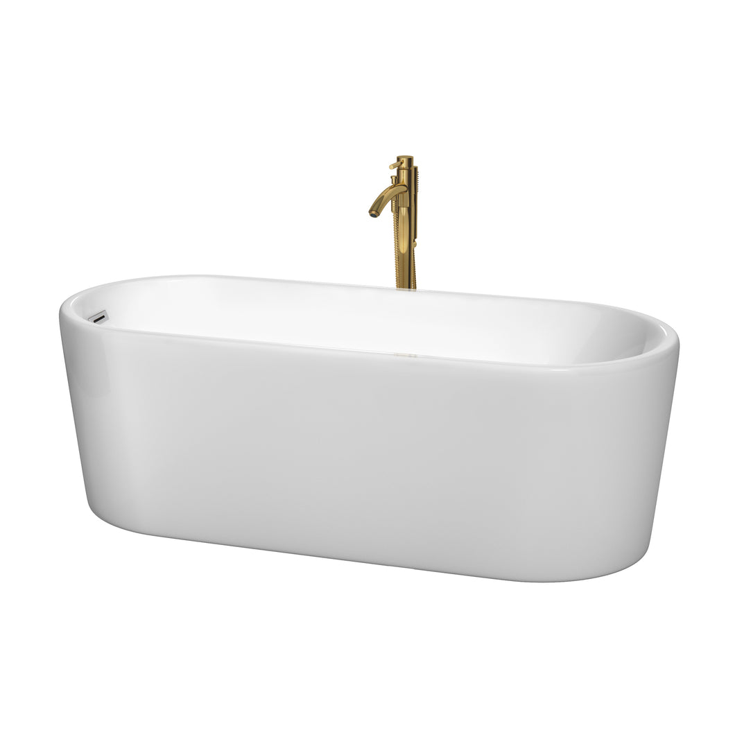 Wyndham Ursula 67 Inch Freestanding Bathtub in White with Polished Chrome Trim and Floor Mounted Faucet in Brushed Gold- Wyndham