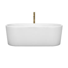 Load image into Gallery viewer, Wyndham Ursula 67 Inch Freestanding Bathtub in White with Polished Chrome Trim and Floor Mounted Faucet in Brushed Gold- Wyndham