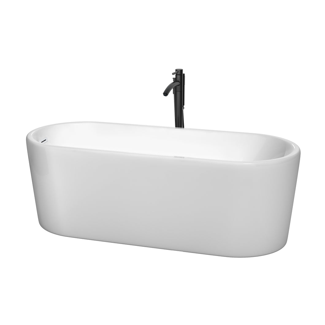 Wyndham Ursula 67 Inch Freestanding Bathtub in White with Shiny White Trim and Floor Mounted Faucet in Matte Black- Wyndham