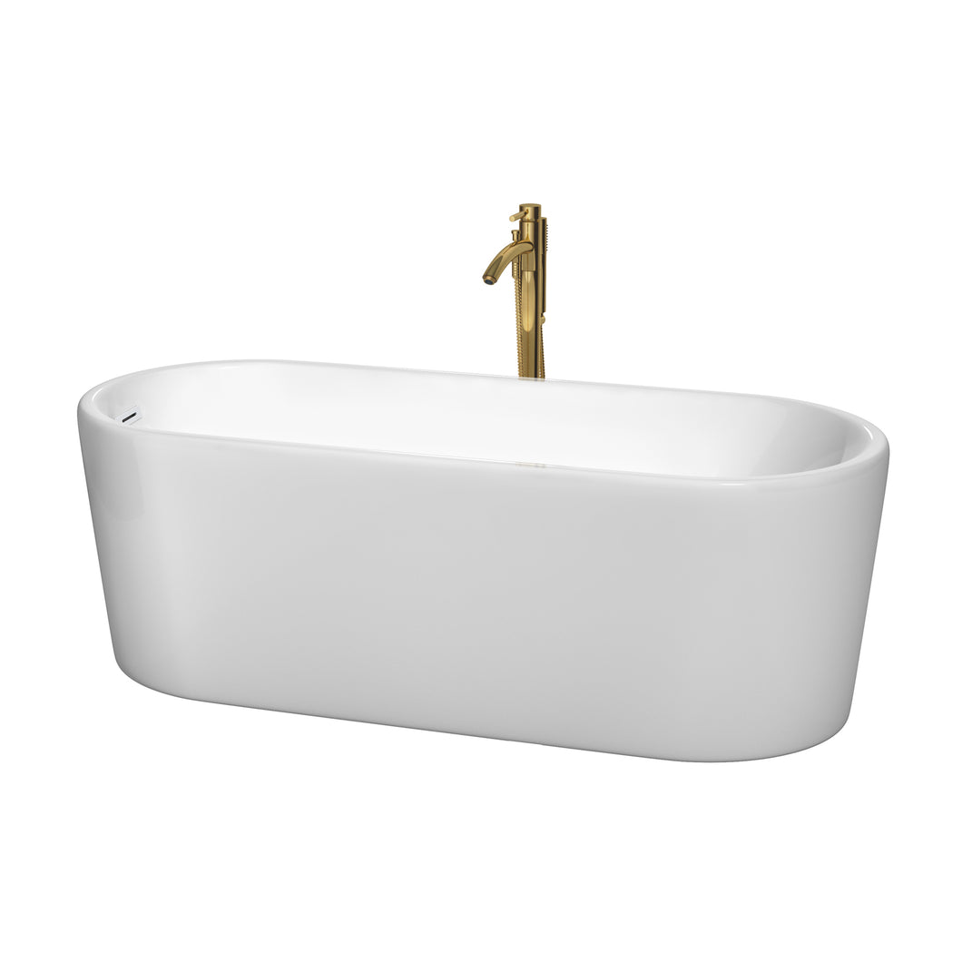 Wyndham Ursula 67 Inch Freestanding Bathtub in White with Shiny White Trim and Floor Mounted Faucet in Brushed Gold- Wyndham