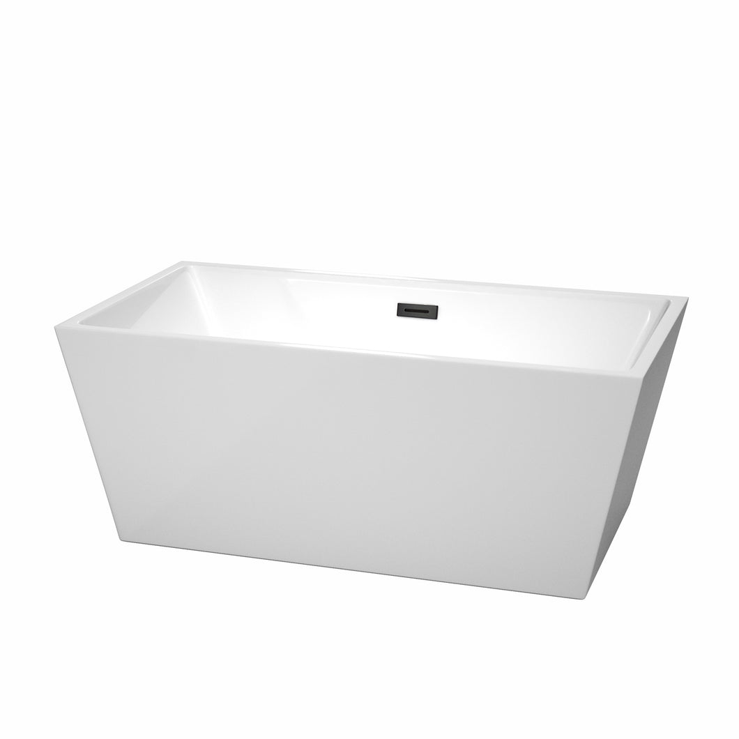 Wyndham Sara 59 Inch Freestanding Bathtub in White with Matte Black Drain and Overflow Trim- Wyndham