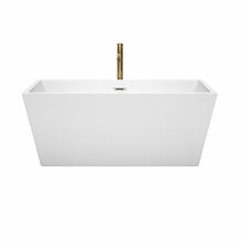 Load image into Gallery viewer, Wyndham Sara 59 Inch Freestanding Bathtub in White with Polished Chrome Trim and Floor Mounted Faucet in Brushed Gold- Wyndham