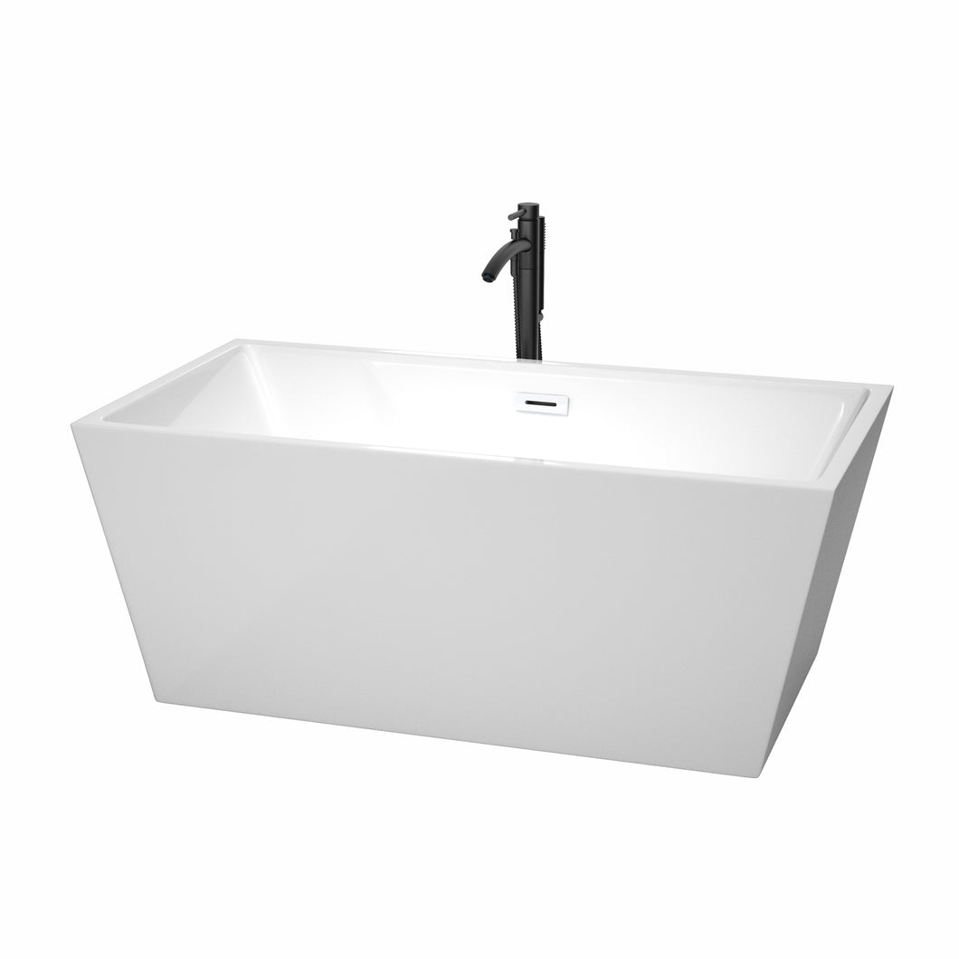 Wyndham Sara 59 Inch Freestanding Bathtub in White with Shiny White Trim and Floor Mounted Faucet in Matte Black- Wyndham