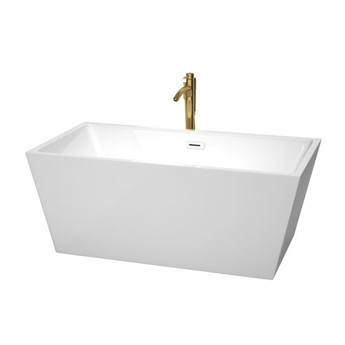 Wyndham Sara 59 Inch Freestanding Bathtub in White with Shiny White Trim and Floor Mounted Faucet in Brushed Gold- Wyndham