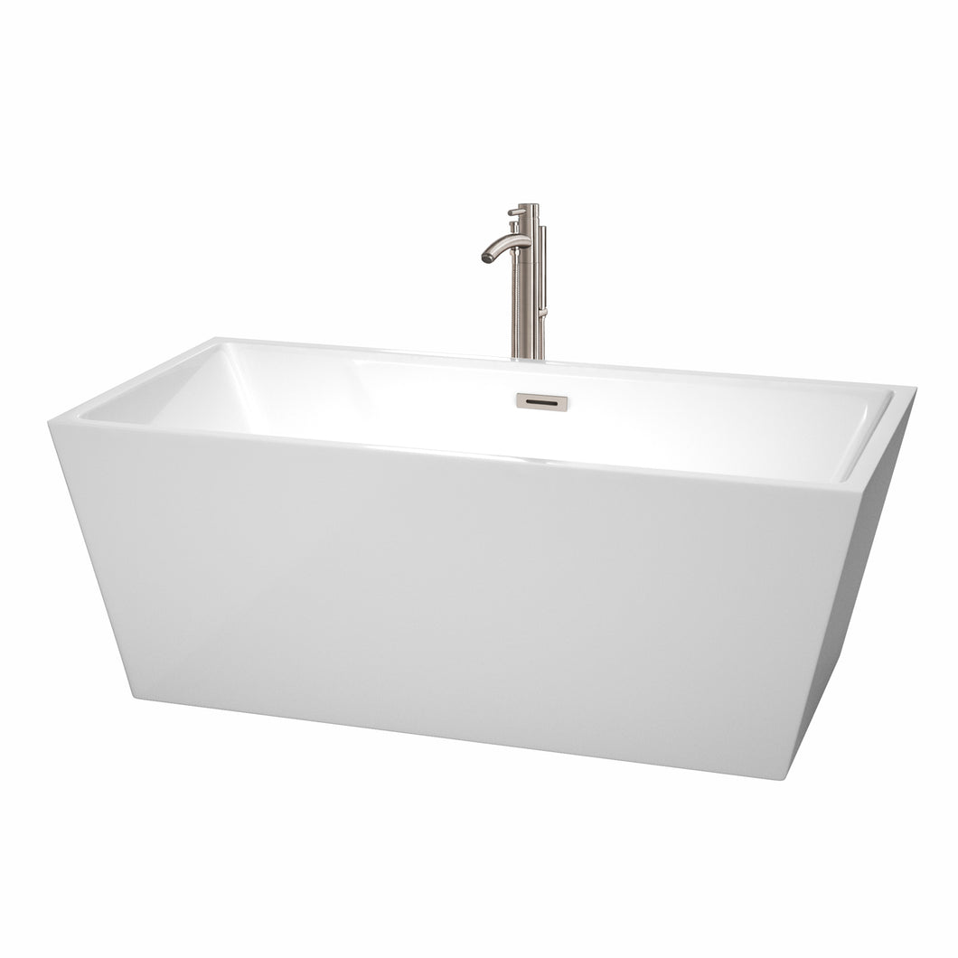 Wyndham Sara 63 Inch Freestanding Bathtub in White with Floor Mounted Faucet, Drain and Overflow Trim in Brushed Nickel- Wyndham