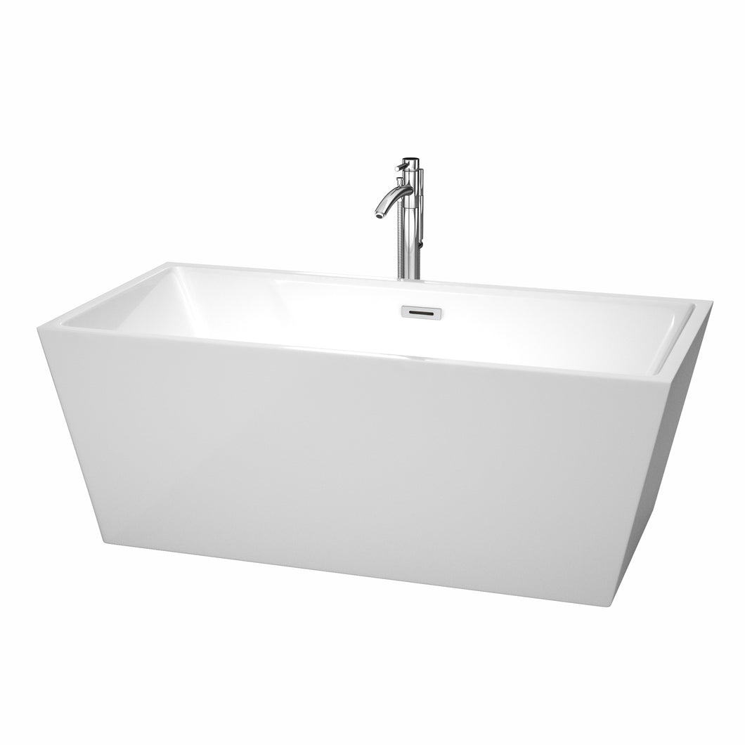 Wyndham Sara 63 Inch Freestanding Bathtub in White with Floor Mounted Faucet, Drain and Overflow Trim in Polished Chrome- Wyndham
