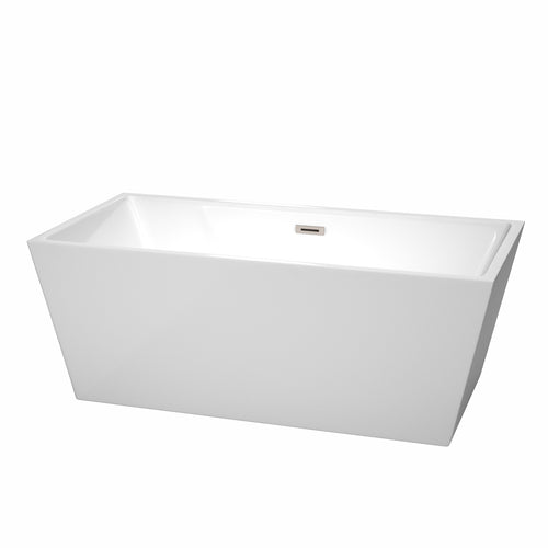 Wyndham Sara 63 Inch Freestanding Bathtub in White with Brushed Nickel Drain and Overflow Trim- Wyndham