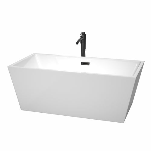 Wyndham Sara 63 Inch Freestanding Bathtub in White with Floor Mounted Faucet, Drain and Overflow Trim in Matte Black- Wyndham