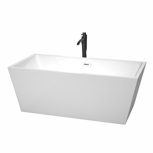 Wyndham Sara 63 Inch Freestanding Bathtub in White with Shiny White Trim and Floor Mounted Faucet in Matte Black- Wyndham