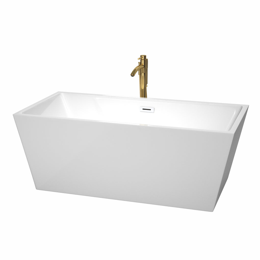 Wyndham Sara 63 Inch Freestanding Bathtub in White with Shiny White Trim and Floor Mounted Faucet in Brushed Gold- Wyndham