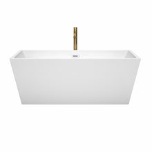 Load image into Gallery viewer, Wyndham Sara 63 Inch Freestanding Bathtub in White with Shiny White Trim and Floor Mounted Faucet in Brushed Gold- Wyndham