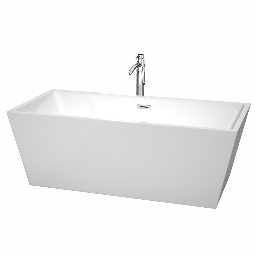 Wyndham Sara 67 Inch Freestanding Bathtub in White with Floor Mounted Faucet, Drain and Overflow Trim in Polished Chrome- Wyndham