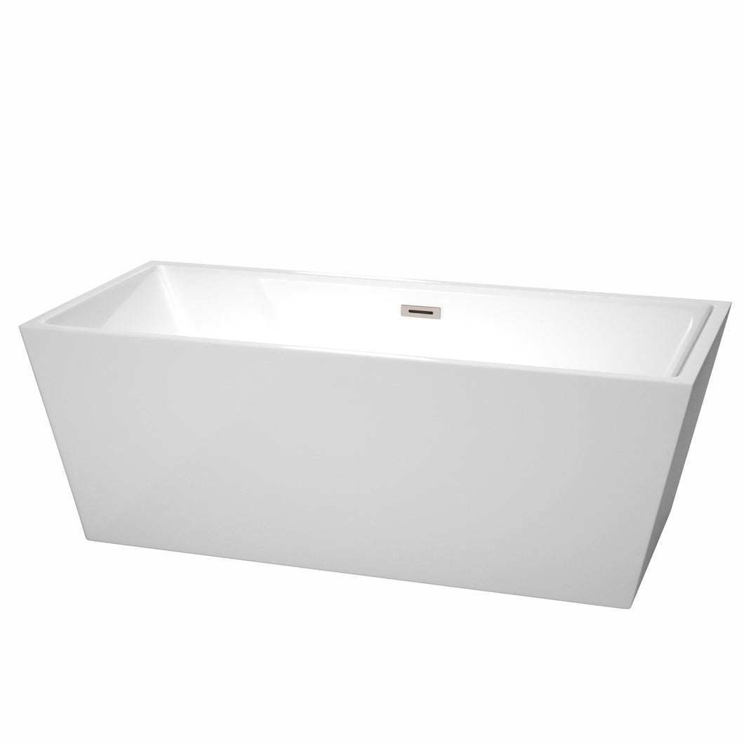 Wyndham Sara 67 Inch Freestanding Bathtub in White with Brushed Nickel Drain and Overflow Trim- Wyndham