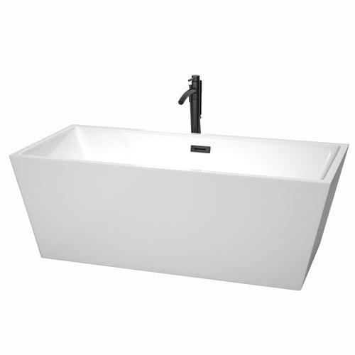 Wyndham Sara 67 Inch Freestanding Bathtub in White with Floor Mounted Faucet, Drain and Overflow Trim in Matte Black- Wyndham