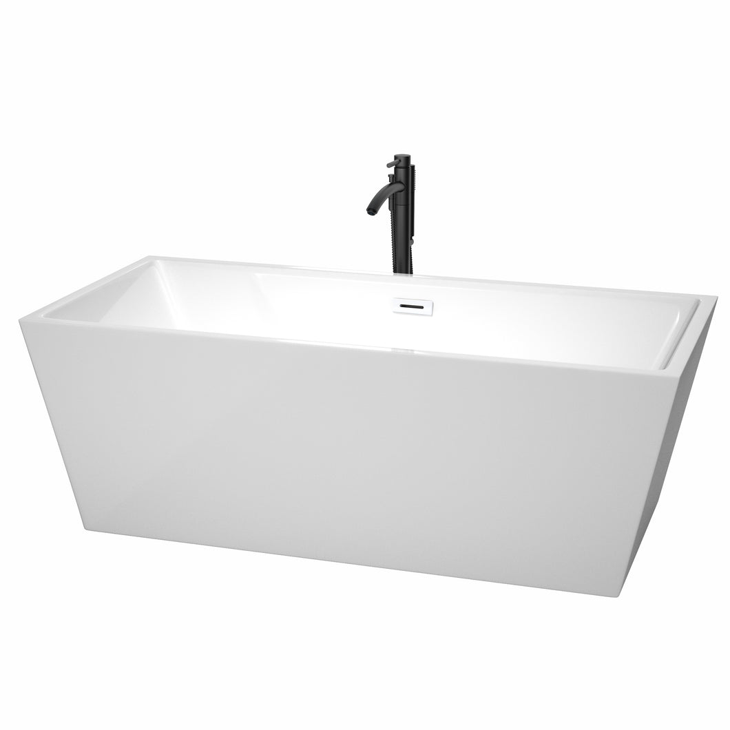 Wyndham Sara 67 Inch Freestanding Bathtub in White with Shiny White Trim and Floor Mounted Faucet in Matte Black- Wyndham