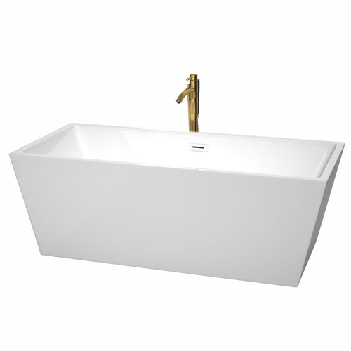 Wyndham Sara 67 Inch Freestanding Bathtub in White with Shiny White Trim and Floor Mounted Faucet in Brushed Gold- Wyndham