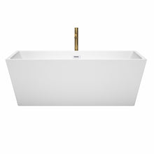 Load image into Gallery viewer, Wyndham Sara 67 Inch Freestanding Bathtub in White with Shiny White Trim and Floor Mounted Faucet in Brushed Gold- Wyndham