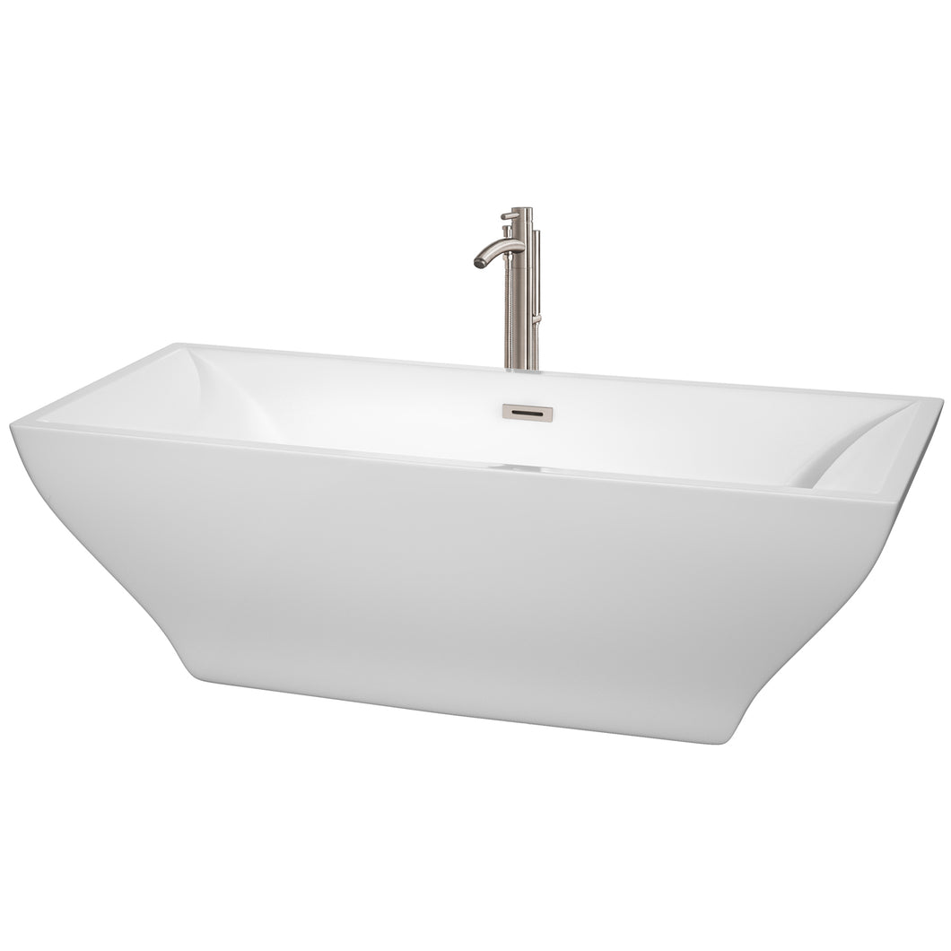Wyndham Maryam 71 Inch Freestanding Bathtub in White with Floor Mounted Faucet, Drain and Overflow Trim in Brushed Nickel- Wyndham
