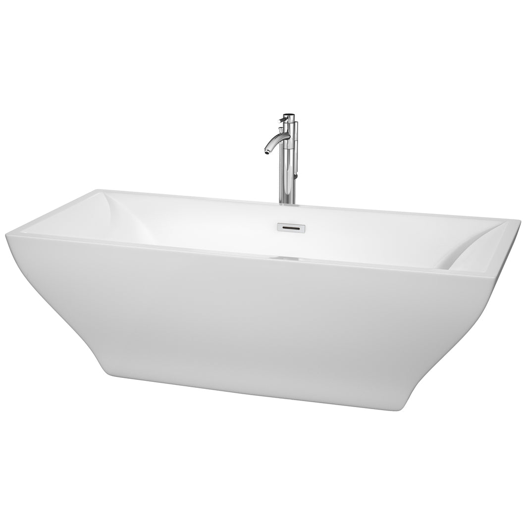 Wyndham Maryam 71 Inch Freestanding Bathtub in White with Floor Mounted Faucet, Drain and Overflow Trim in Polished Chrome- Wyndham