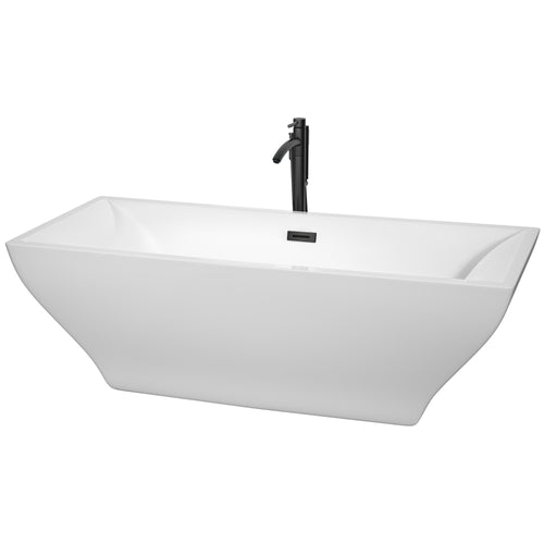 Wyndham Maryam 71 Inch Freestanding Bathtub in White with Floor Mounted Faucet, Drain and Overflow Trim in Matte Black- Wyndham