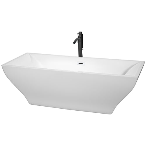 Wyndham Maryam 71 Inch Freestanding Bathtub in White with Shiny White Trim and Floor Mounted Faucet in Matte Black- Wyndham