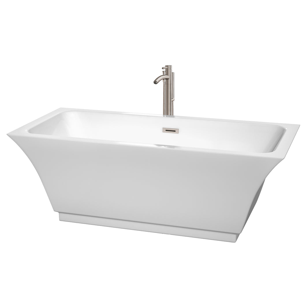 Wyndham Galina 67 Inch Freestanding Bathtub in White with Floor Mounted Faucet, Drain and Overflow Trim in Brushed Nickel- Wyndham