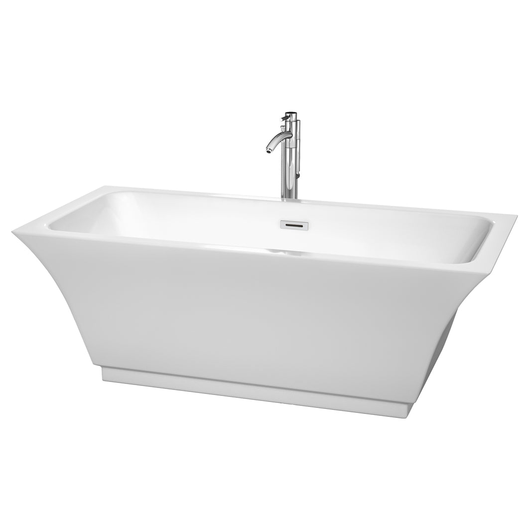 Wyndham Galina 67 Inch Freestanding Bathtub in White with Floor Mounted Faucet, Drain and Overflow Trim in Polished Chrome- Wyndham