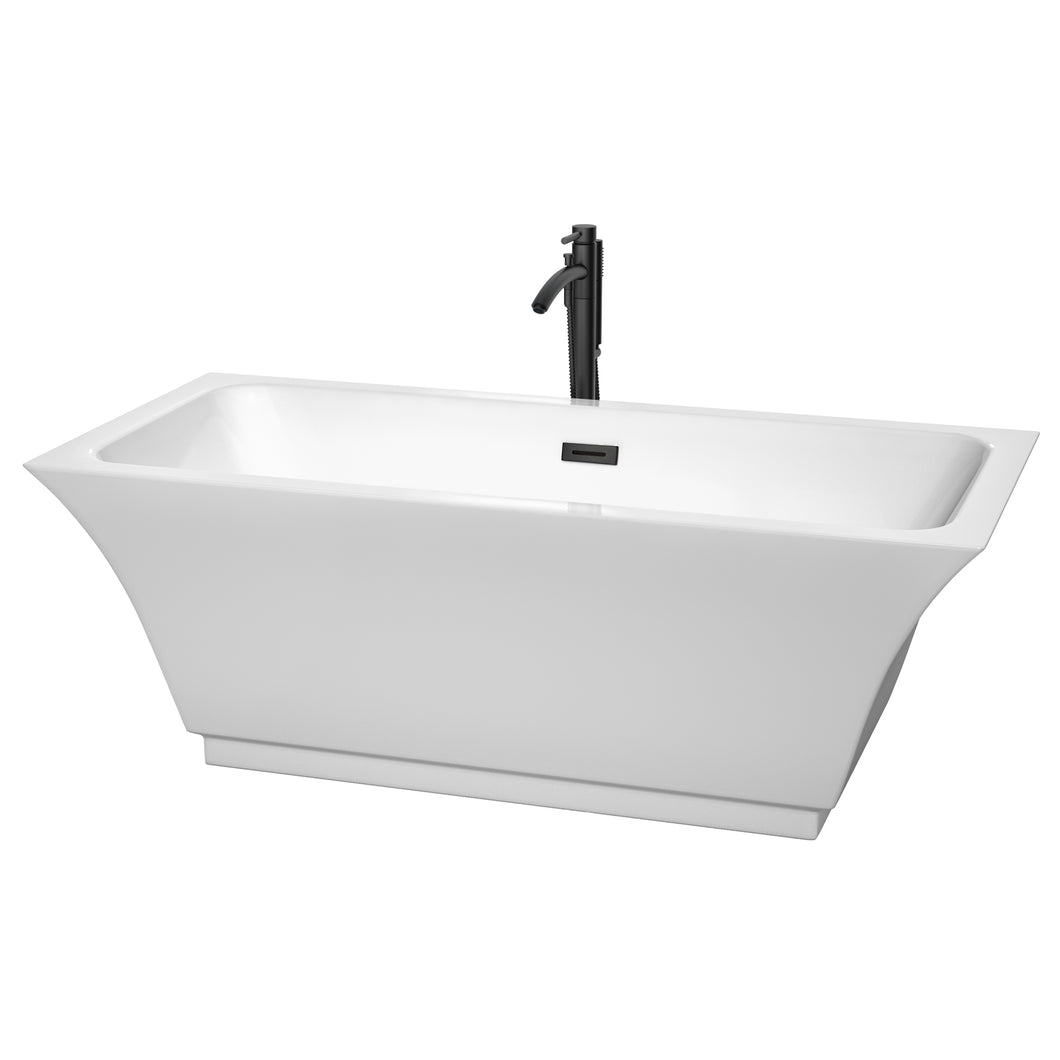 Wyndham Galina 67 Inch Freestanding Bathtub in White with Floor Mounted Faucet, Drain and Overflow Trim in Matte Black- Wyndham