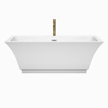 Load image into Gallery viewer, Wyndham Galina 67 Inch Freestanding Bathtub in White with Polished Chrome Trim and Floor Mounted Faucet in Brushed Gold- Wyndham